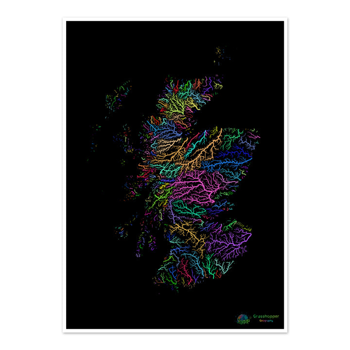 River basin map of Scotland, rainbow colours on black - Fine Art Print