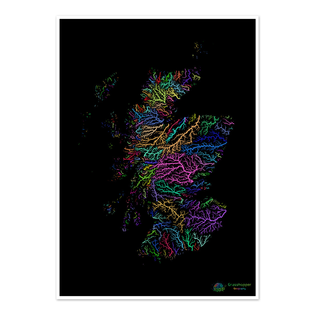Escocia - Mapa de la cuenca fluvial, arco iris sobre negro - Impresión de bellas artes