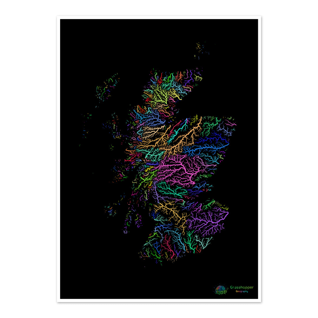 Ecosse - Carte des bassins fluviaux, arc-en-ciel sur noir - Fine Art Print