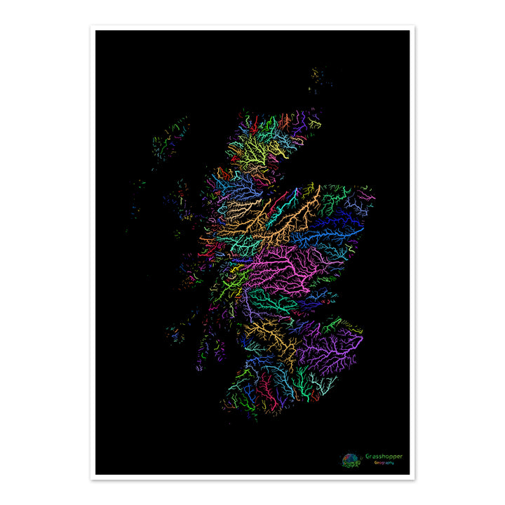 Ecosse - Carte des bassins fluviaux, arc-en-ciel sur noir - Fine Art Print