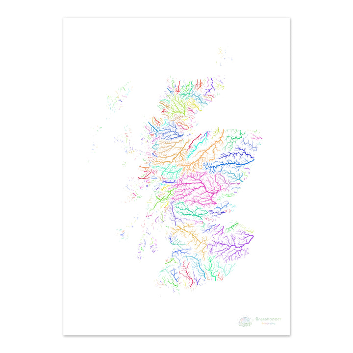 Escocia - Mapa de la cuenca fluvial, arco iris sobre blanco - Impresión de Bellas Artes
