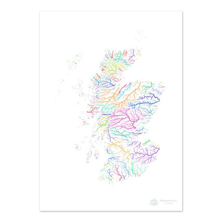 Scotland - River basin map, rainbow on white - Fine Art Print