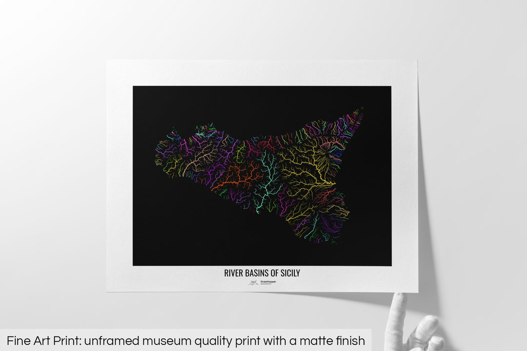 Sicily - River basin map, rainbow colours - Wall Art