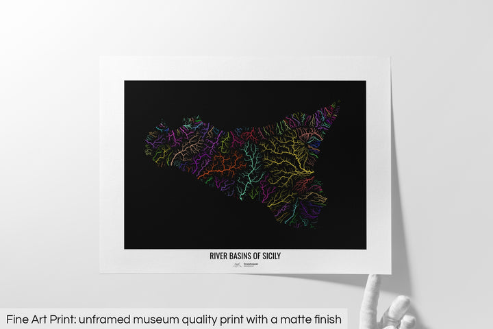 Sicily - River basin map, rainbow colours - Wall Art