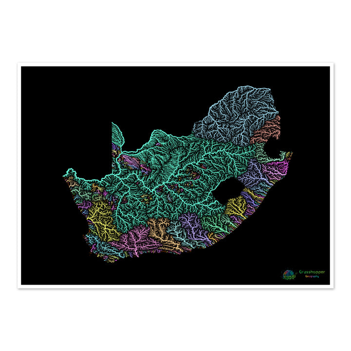 Sudáfrica - Mapa de la cuenca fluvial, pastel sobre negro - Impresión de Bellas Artes