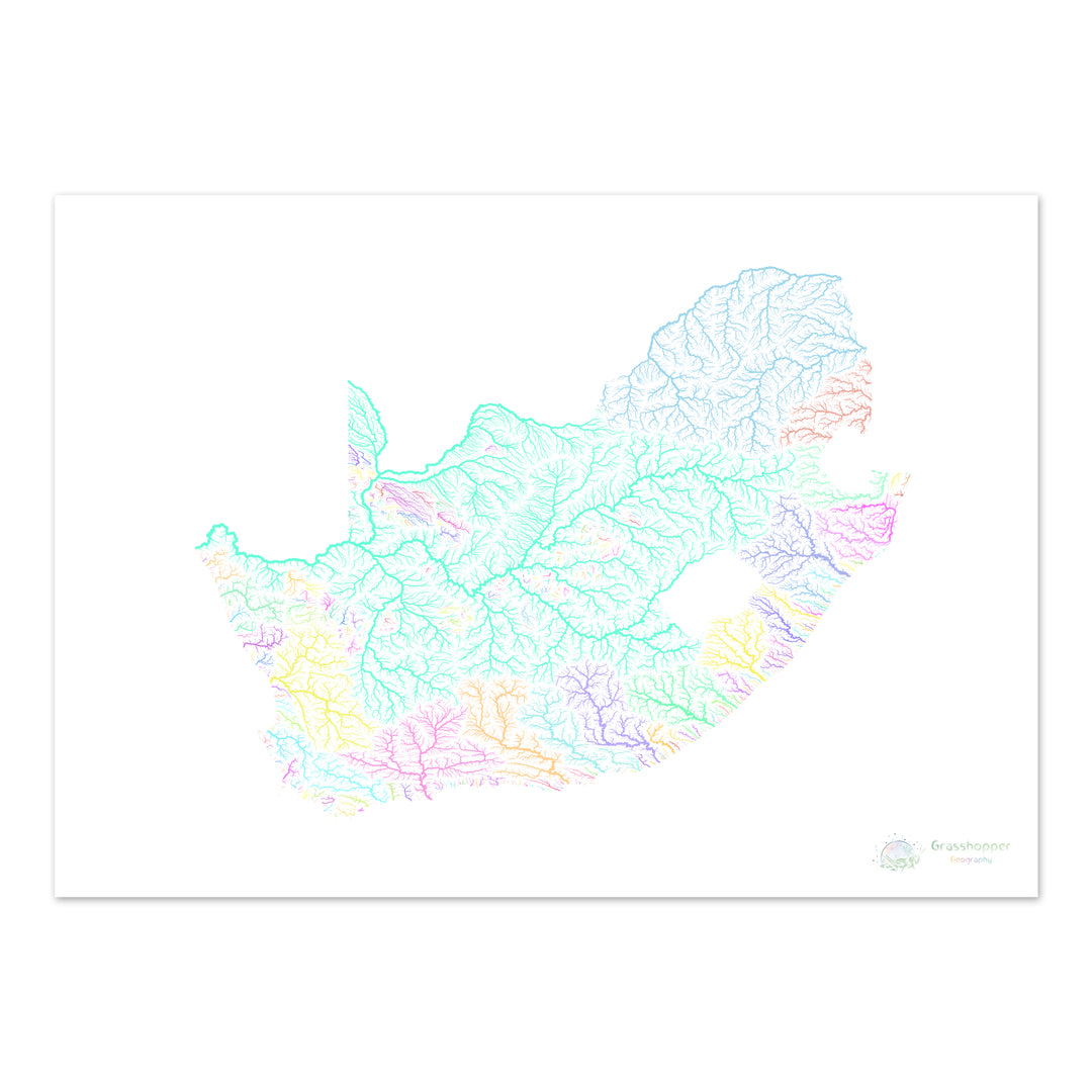 Afrique du Sud - Carte des bassins fluviaux, pastel sur blanc - Fine Art Print