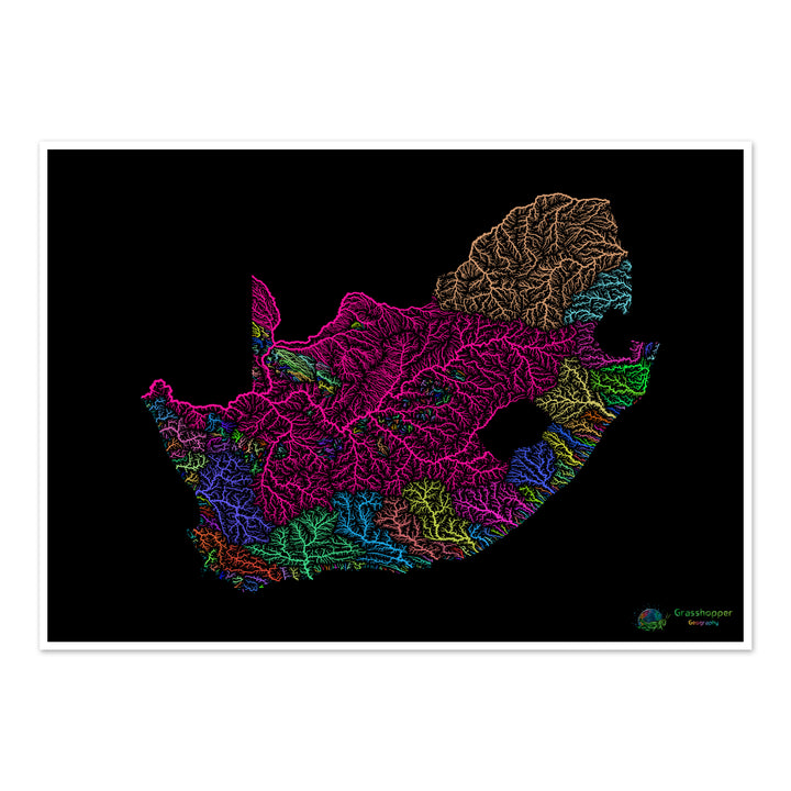 Sudáfrica - Mapa de la cuenca fluvial, arco iris sobre negro - Impresión de Bellas Artes
