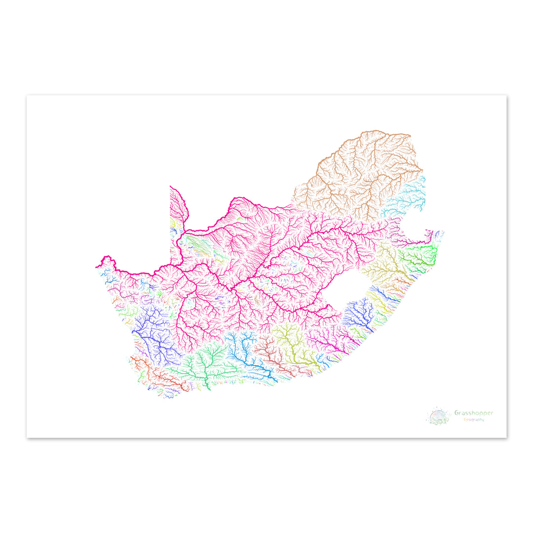 Sudáfrica - Mapa de la cuenca fluvial, arco iris sobre blanco - Impresión de Bellas Artes