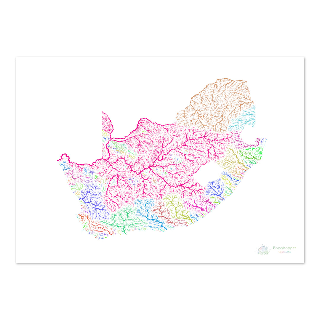 Afrique du Sud - Carte des bassins fluviaux, arc-en-ciel sur blanc - Fine Art Print