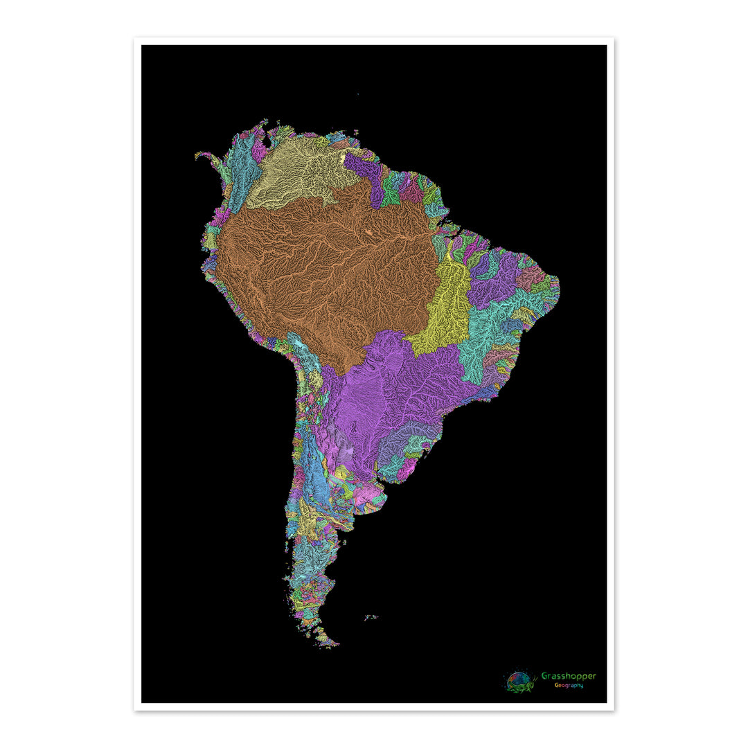 América del Sur - Mapa de la cuenca fluvial, pastel sobre negro - Impresión de Bellas Artes