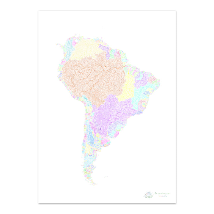 América del Sur - Mapa de la cuenca fluvial, pastel sobre blanco - Impresión de Bellas Artes