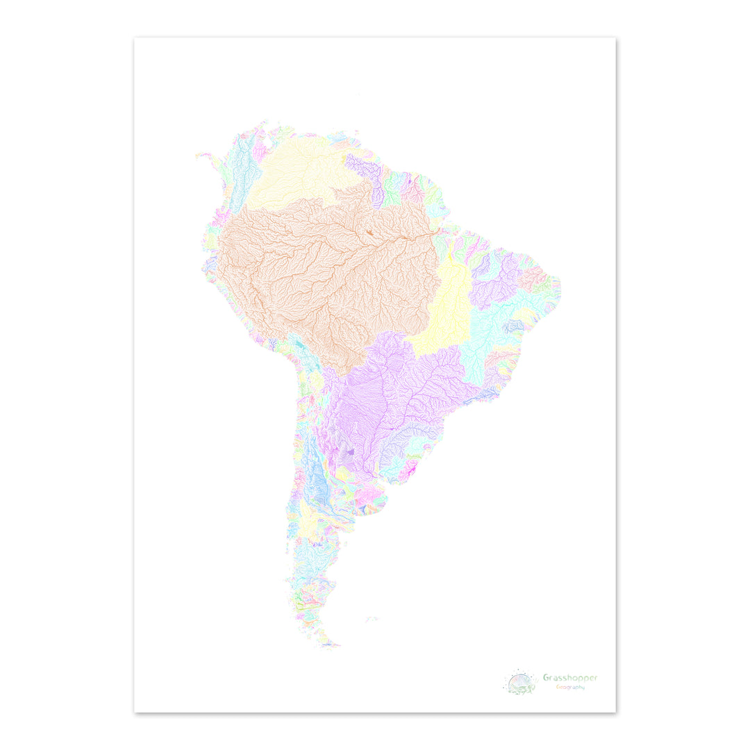 Amérique du Sud - Carte des bassins fluviaux, pastel sur blanc - Fine Art Print