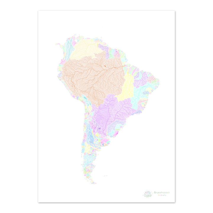 South America - River basin map, pastel on white - Fine Art Print