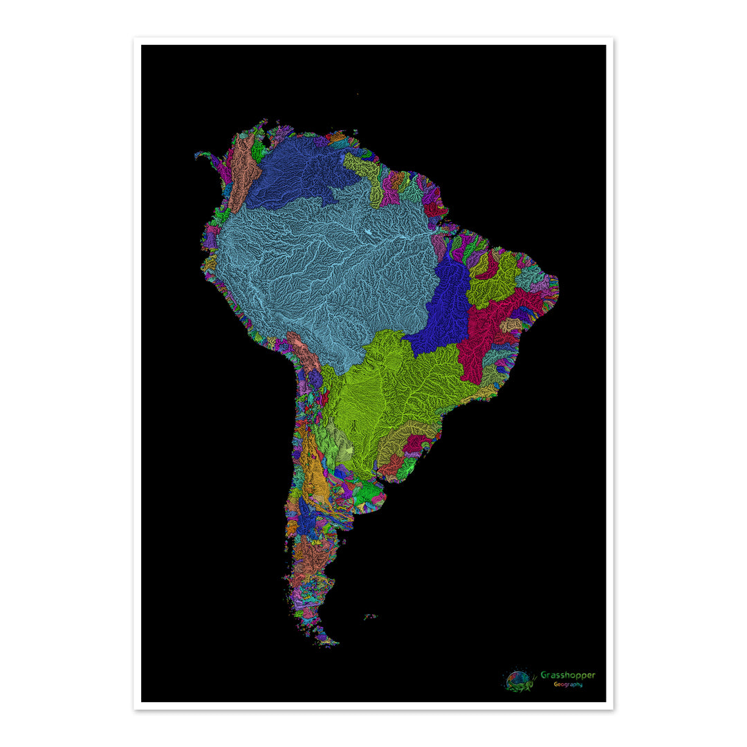 América del Sur - Mapa de cuencas fluviales, arco iris sobre negro - Impresión de Bellas Artes