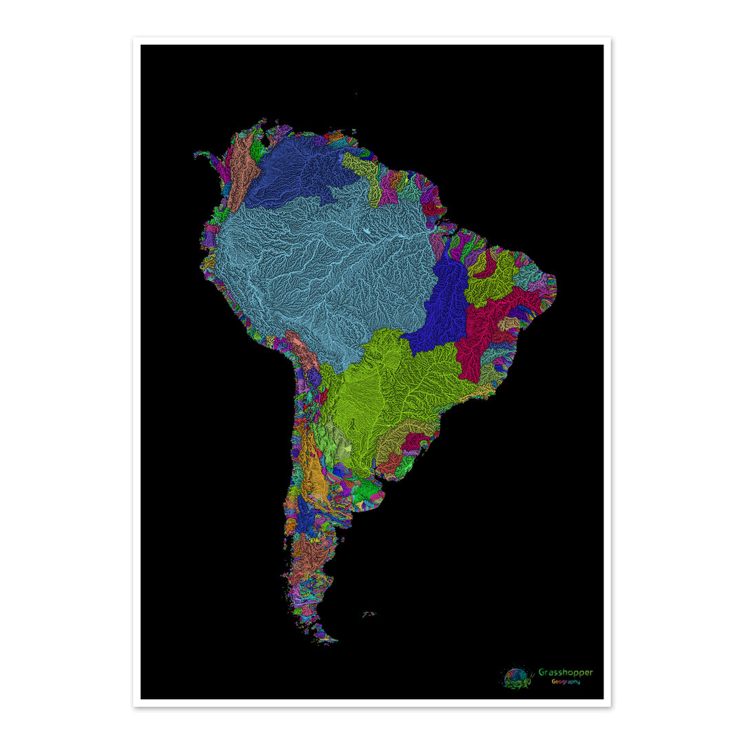 South America - River basin map, rainbow on black - Fine Art Print