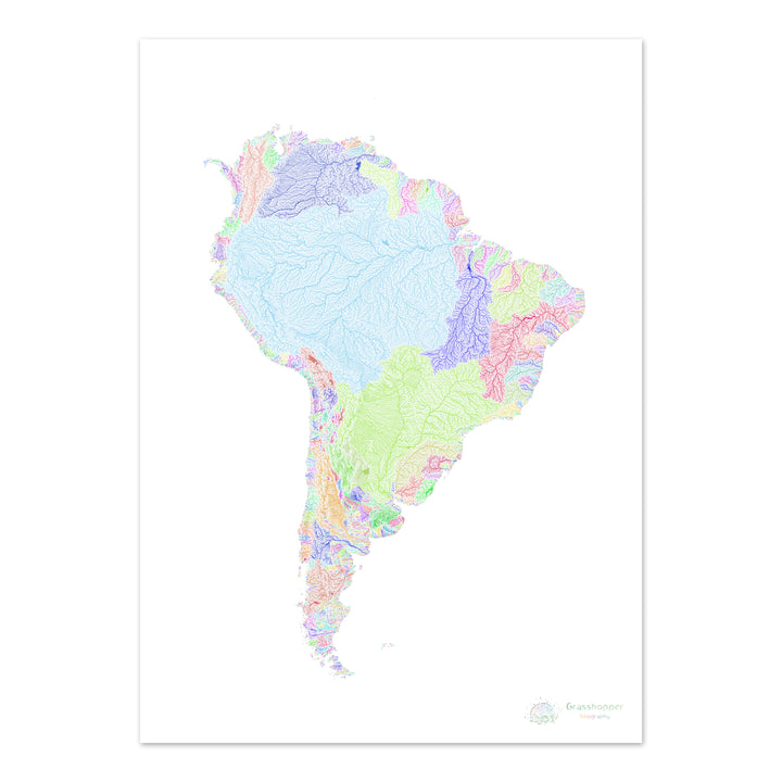América do Sul - Mapa da bacia hidrográfica, arco-íris em branco - Impressão de belas artes