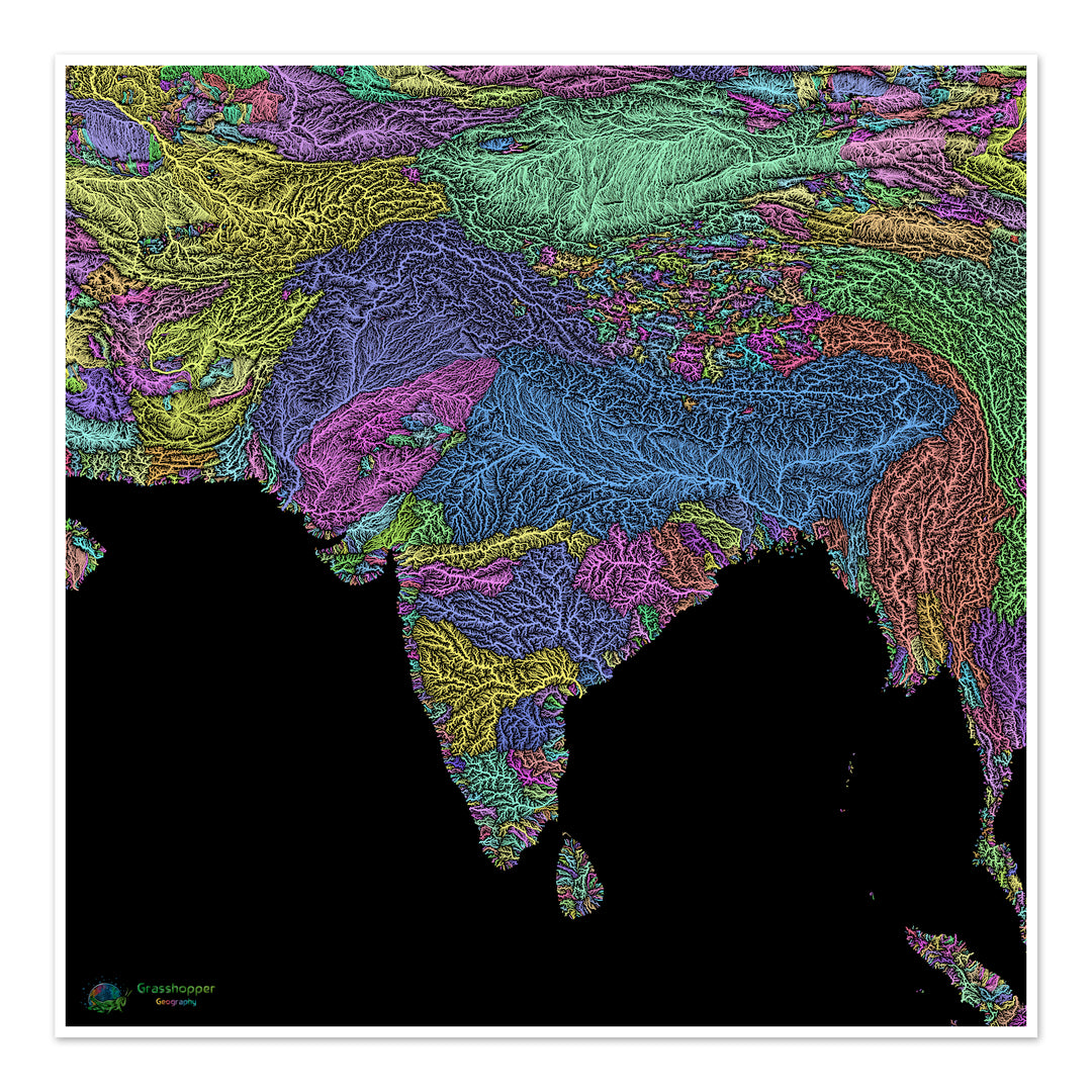 Asia Meridional - Mapa de la cuenca fluvial, pastel sobre negro - Impresión de Bellas Artes