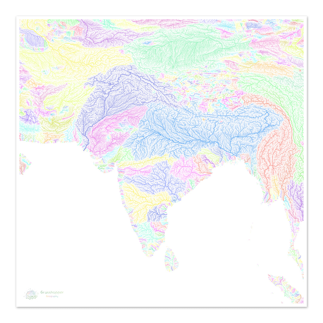 River basin map of South Asia, pastel colours on white - Fine Art Print