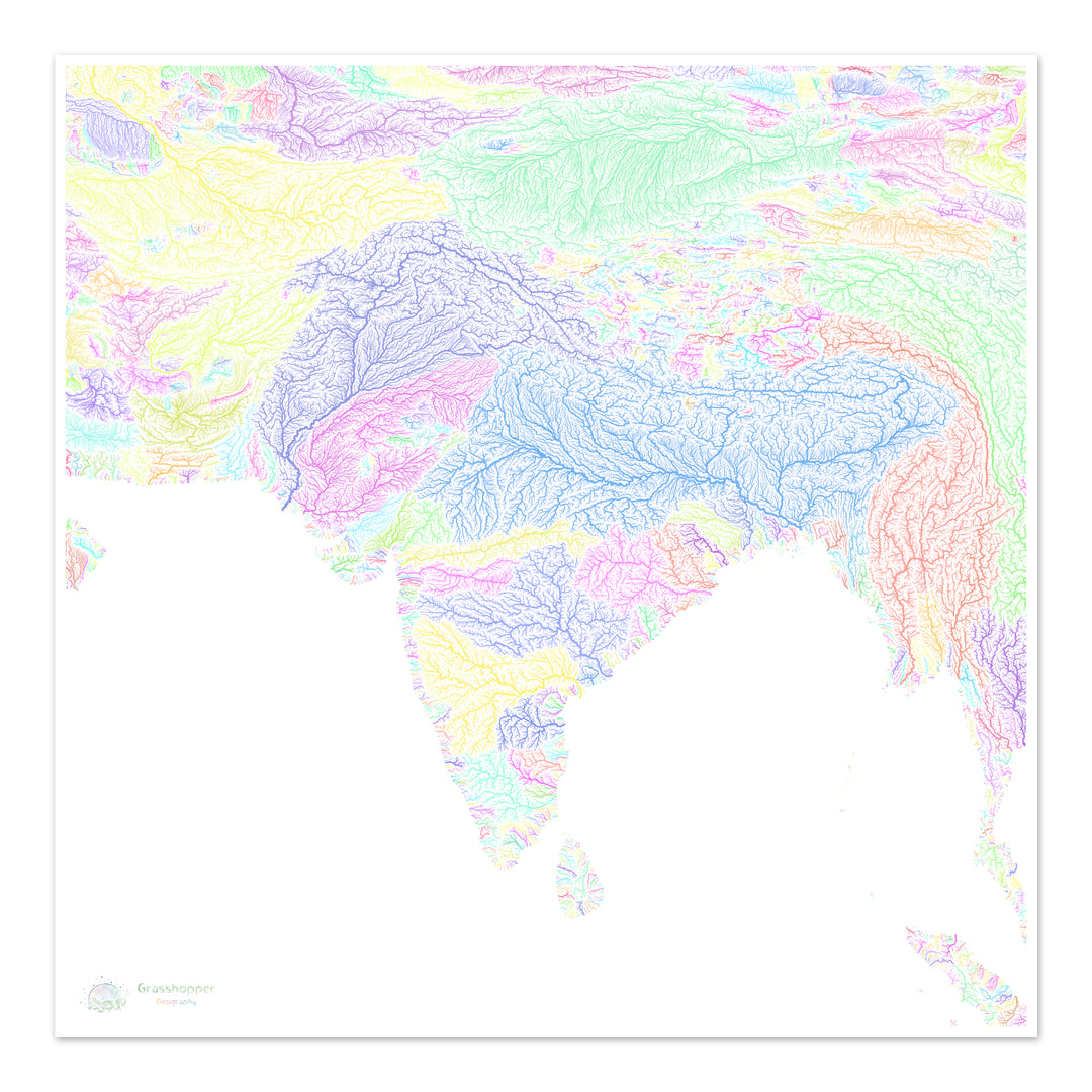 Sul da Ásia - Mapa da bacia hidrográfica, pastel sobre branco - Impressão de belas artes