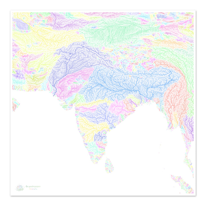 Asie du Sud - Carte des bassins fluviaux, pastel sur blanc - Fine Art Print