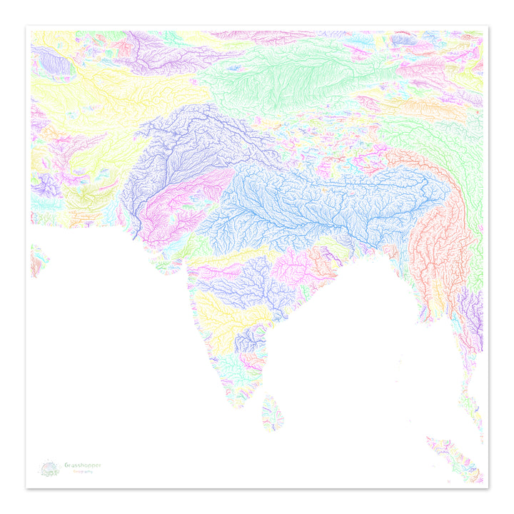 Sul da Ásia - Mapa da bacia hidrográfica, pastel sobre branco - Impressão de belas artes