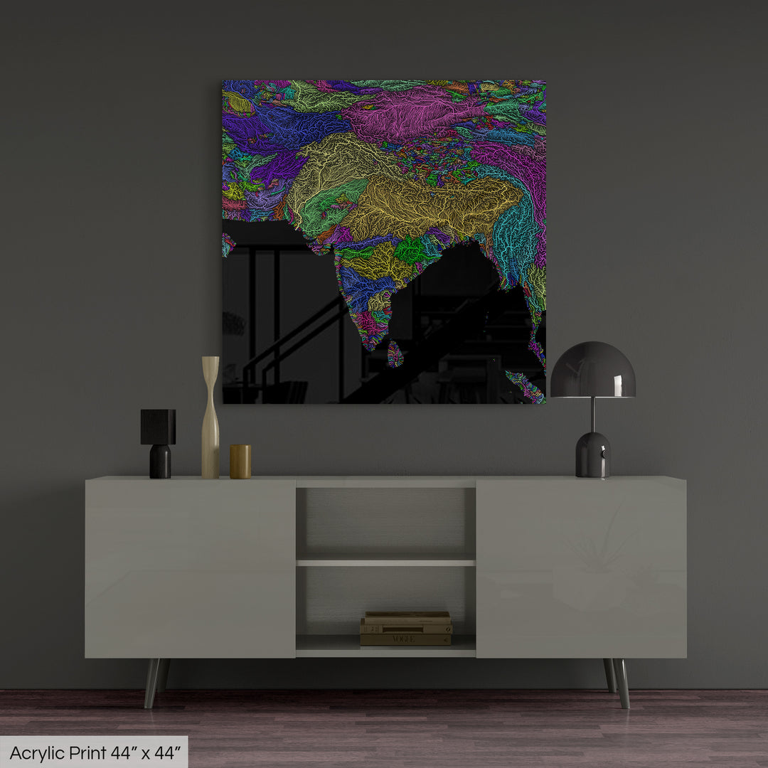 South Asia - River basin map, rainbow colours - Wall Art