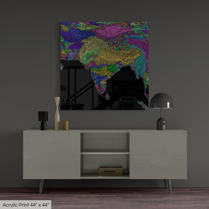 South Asia - River basin map, rainbow colours - Wall Art