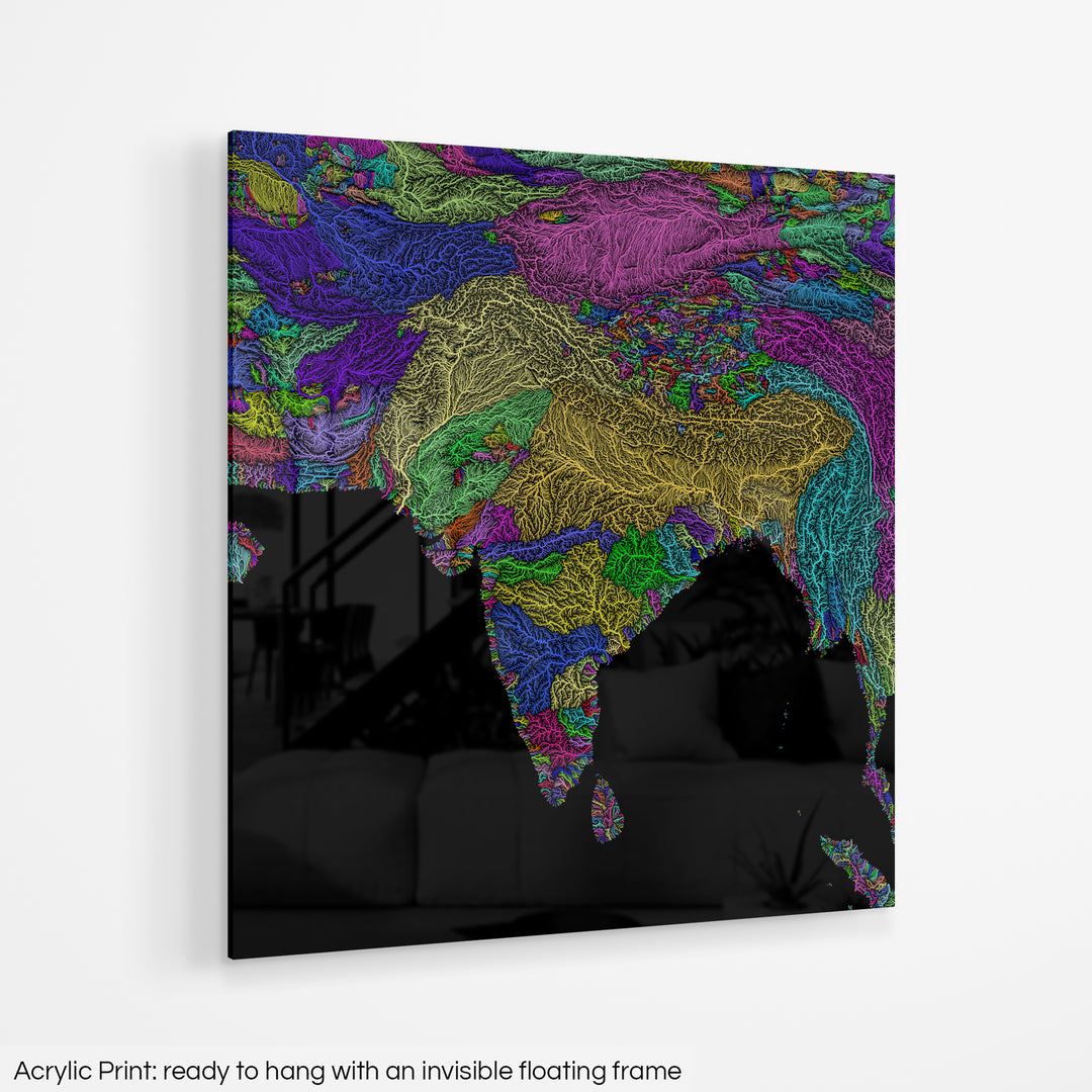 South Asia - River basin map, rainbow colours - Wall Art