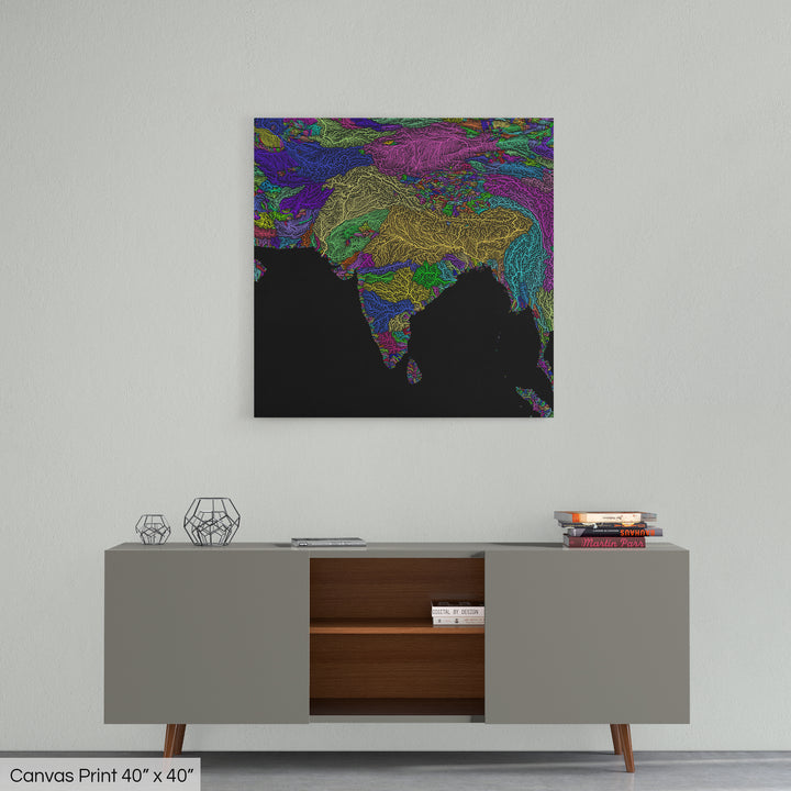 South Asia - River basin map, rainbow colours - Wall Art