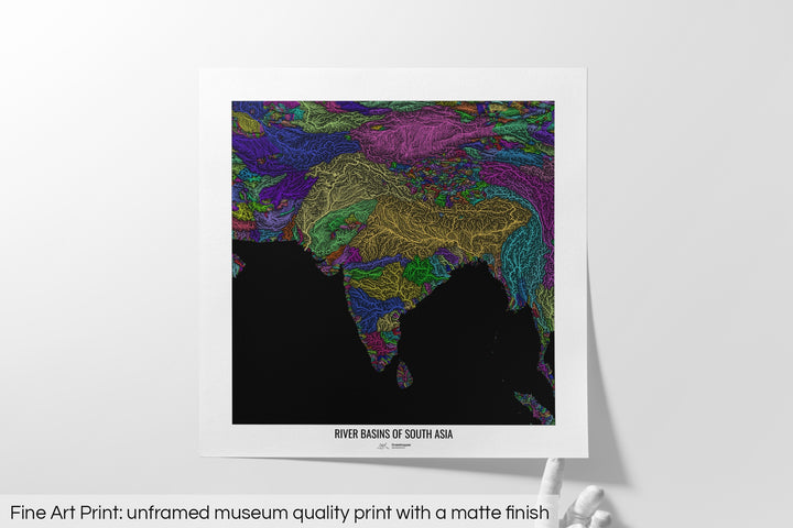 South Asia - River basin map, rainbow colours - Wall Art
