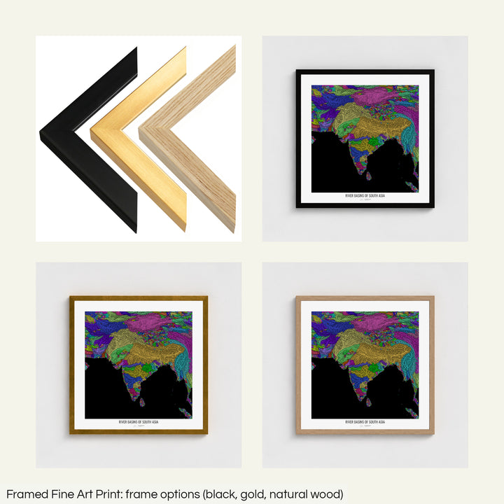 South Asia - River basin map, rainbow colours - Wall Art