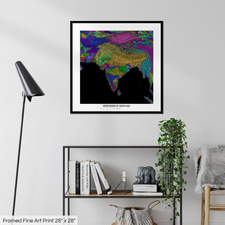 South Asia - River basin map, rainbow colours - Wall Art