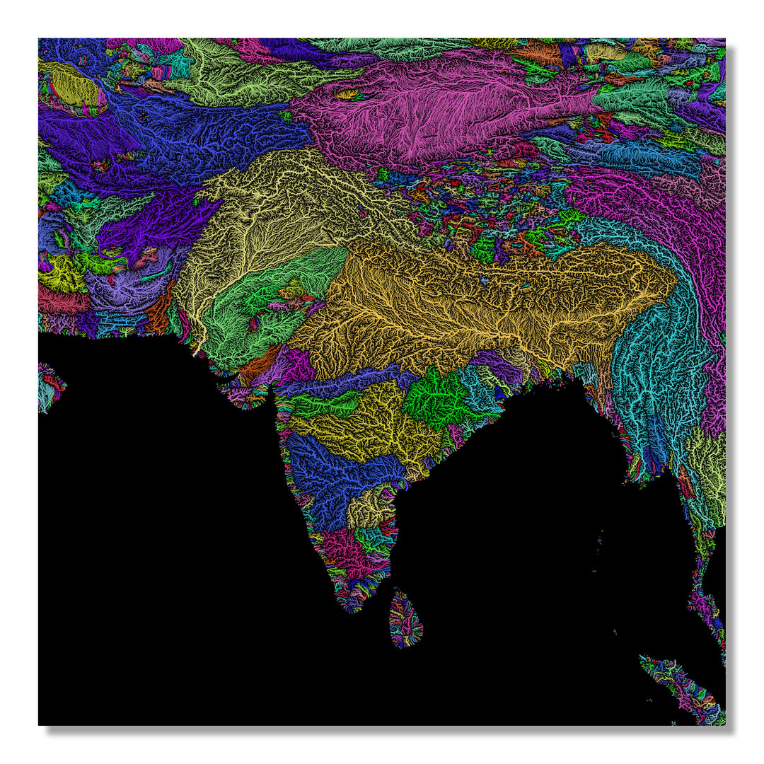 South Asia - River basin map, rainbow colours - Wall Art