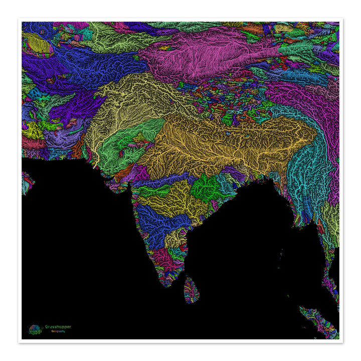 Sur de Asia - Mapa de cuencas fluviales, arco iris sobre negro - Impresión de Bellas Artes