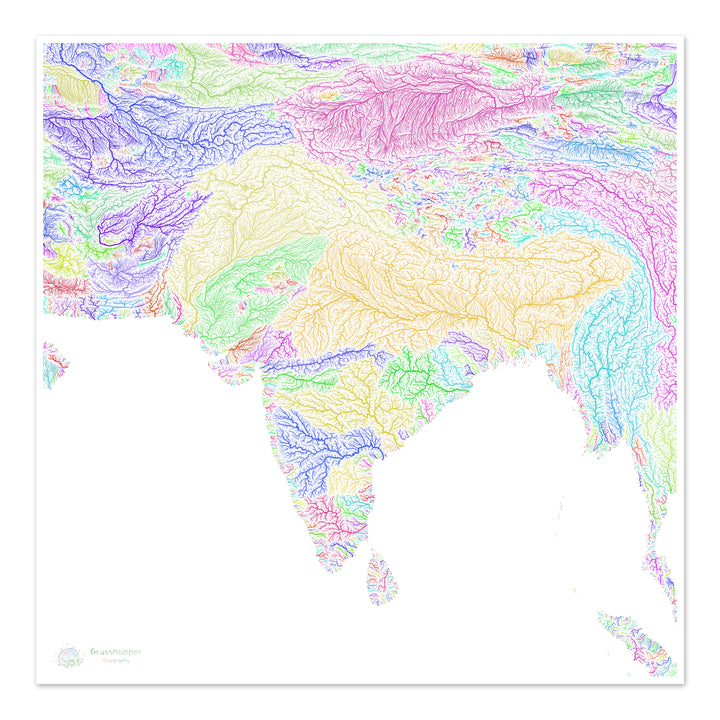 South Asia - River basin map, rainbow on white - Fine Art Print