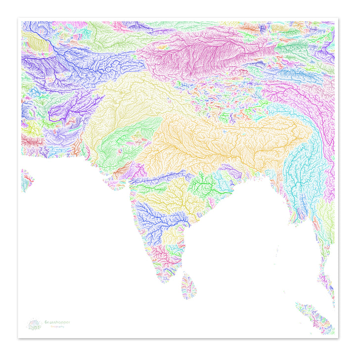 南亚 - 河流流域地图，白色彩虹 - 美术印刷品