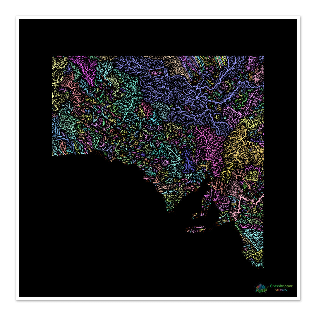 River basin map of South Australia, pastel colours on black - Fine Art Print
