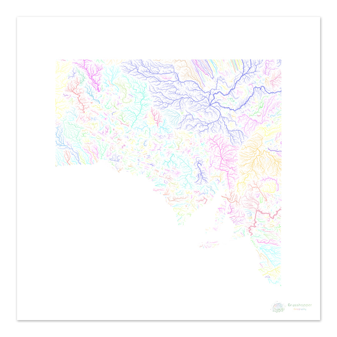 Australie-Méridionale - Carte des bassins fluviaux, pastel sur blanc - Fine Art Print