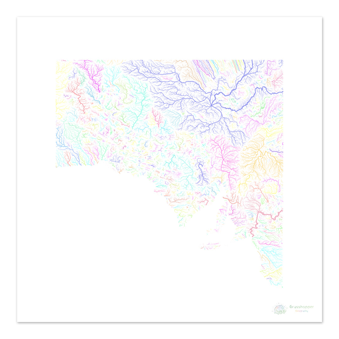 Austrália do Sul - Mapa da bacia hidrográfica, pastel sobre branco - Impressão de belas artes