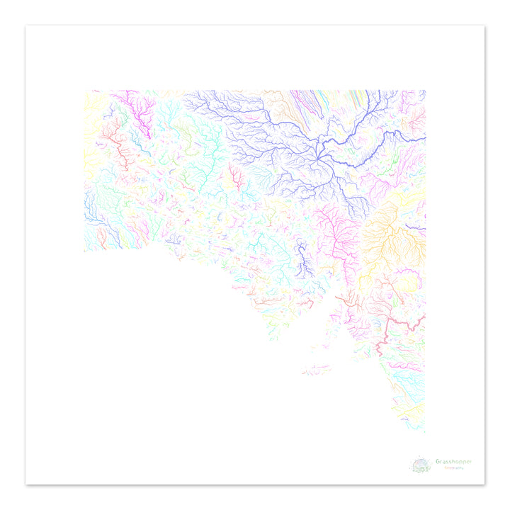 Austrália do Sul - Mapa da bacia hidrográfica, pastel sobre branco - Impressão de belas artes