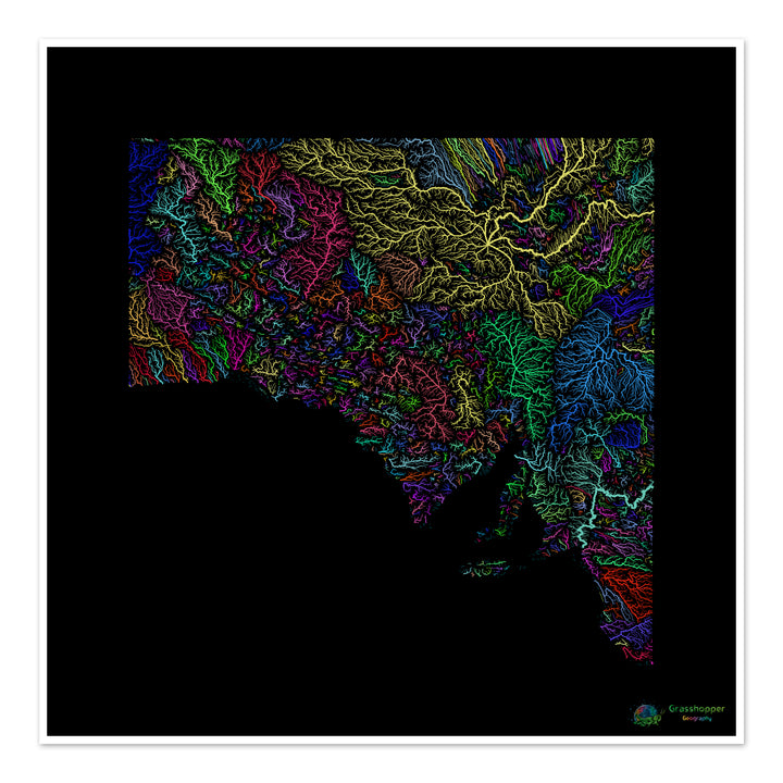 Australia del Sur - Mapa de la cuenca fluvial, arco iris sobre negro - Impresión de Bellas Artes