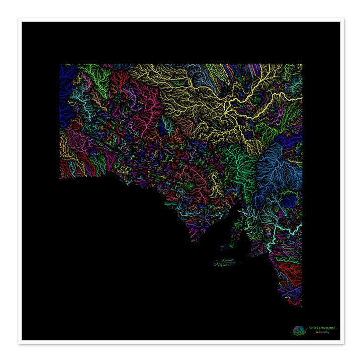 South Australia - River basin map, rainbow on black - Fine Art Print