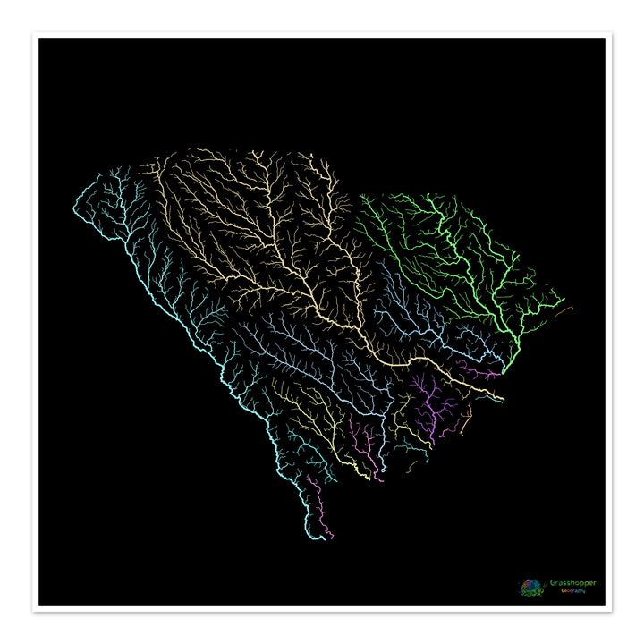 Caroline du Sud - Carte du bassin fluvial, pastel sur noir - Fine Art Print