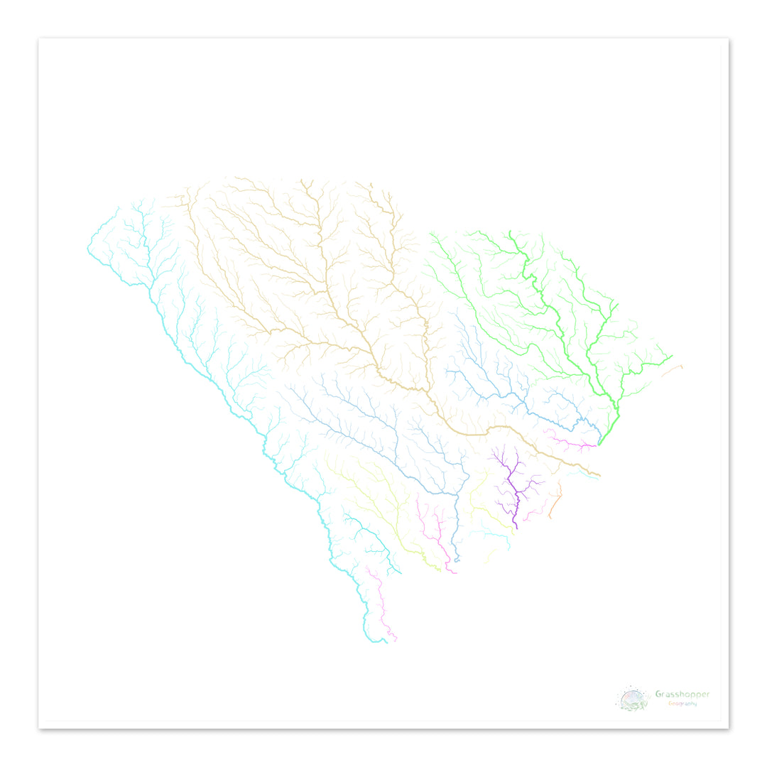 Caroline du Sud - Carte du bassin fluvial, pastel sur blanc - Fine Art Print