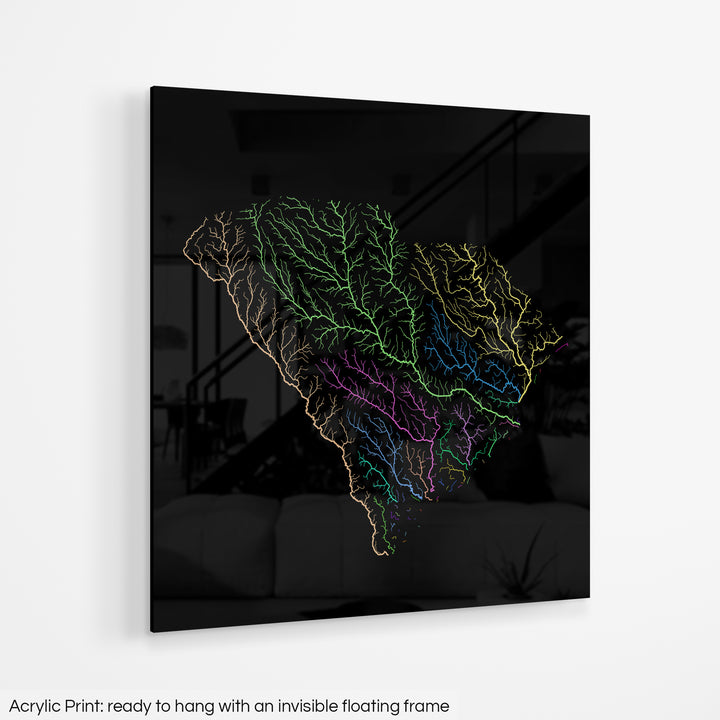 South Carolina - River basin map, rainbow colours - Wall Art