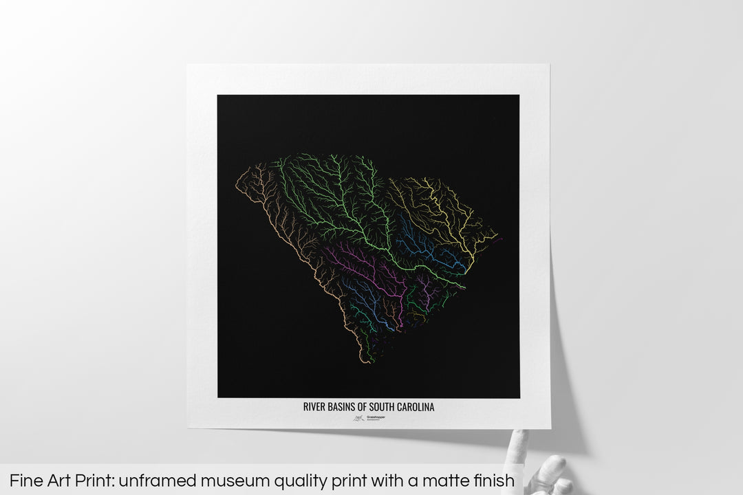 South Carolina - River basin map, rainbow colours - Wall Art