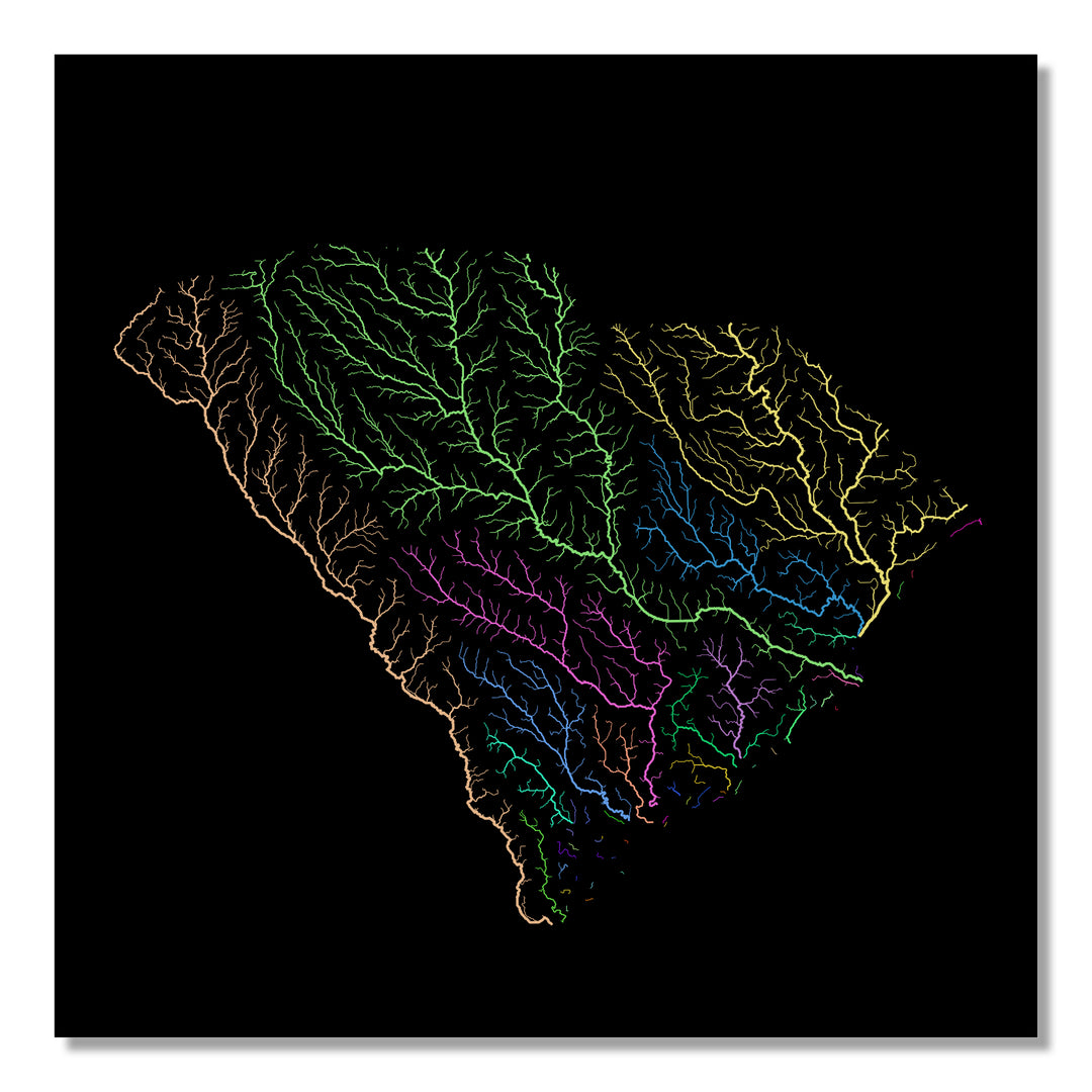 South Carolina - River basin map, rainbow colours - Wall Art