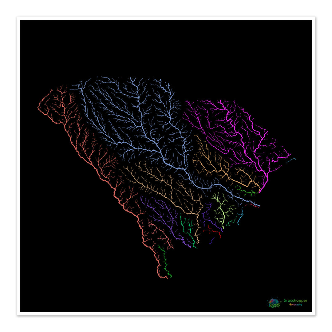 South Carolina - River basin map, rainbow on black - Fine Art Print