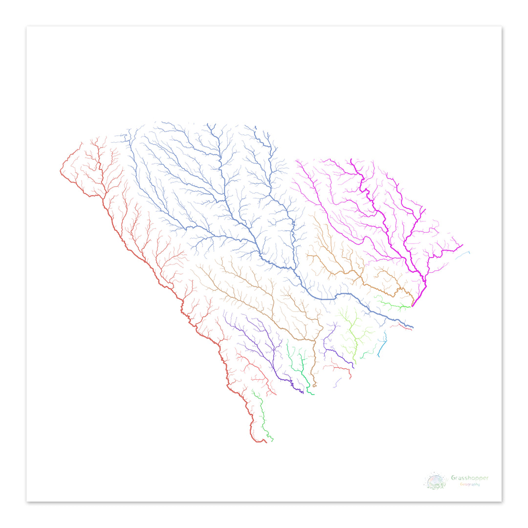 River basin map of South Carolina, rainbow colours on white Fine Art Print