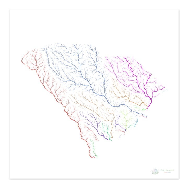 River basin map of South Carolina, rainbow colours on white Fine Art Print